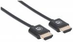 Manhattan HDMI Cable with Ethernet (Ultra Thin), 4K@60Hz (Premium High Speed), 0.5m, Male to Male, Black, Ultra HD 4k x 2k, Fully Shielded, Gold Plated Contacts, Lifetime Warranty, Polybag HDMI-kabel med Ethernet 50cm Sort