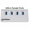 Manhattan USB-A 4-Port Hub, 4x USB-A Ports, 5 Gbps (USB 3.2 Gen1 aka USB 3.0), Bus Powered, Fast charging up to 0.9A, SuperSpeed USB, Aluminium Housing, Windows and Mac, Silver, Three Year Warranty, Blister S&oslash;lv