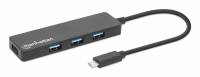 Manhattan USB-C Dock/Hub, Ports (4) USB-A (x4), 5 Gbps (USB 3.2 Gen1 aka USB 3.0), External Power Supply Not Needed, SuperSpeed USB, Black, Three Year Warranty, Retail Box Sort