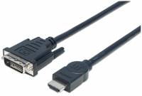 Manhattan HDMI to DVI-D 24+1 Cable, 3m, Male to Male, Black, Dual Link, Compatible with DVD-D, Lifetime Warranty, Polybag Videoadapterkabel 3m Sort