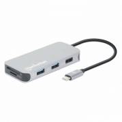 Manhattan USB-C Dock/Hub with Card Reader, Ports (x6) Ethernet, HDMI, USB-A (x3) and USB-C, With Power Delivery (10W) to USB-C Port (Note additional USB-C wall charger and USB-C cable needed), Cable 15cm, Aluminium, Silver, Three Year Warranty, Retail Bo