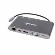 Manhattan USB-C Dock/Hub Card Reader - Ports (x9)  USB-C to HDMI, Audio 3.5mm, , Mini DisplayPort, USB-A (x3) and USB-C, With Power Delivery to USB-C Port, Cable 20cm, Aluminium, Grey, Three Year Warranty, Retail Box Dockingstation