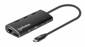 Manhattan USB-C 6-Port Hub/Dock/Converter, USB-C to USB-C (including Power Delivery), HDMI 4K, 3x USB-A and  RJ45 Ports Card Reader, 5 Gbps (USB 3.2 Gen1 aka USB 3.0), HDMI 4K@30Hz,   Mbps network, SD/Micro SD, 3 Year Warranty Dockingstation