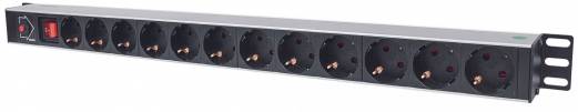 Intellinet Vertical Rackmount 12-Way Power Strip - German Type, With On/Off and Overload Protection, 1.6m Power Cord (Euro 2-pin plug) Stikd&aring;se 12-stik 16A Sort 1.6m