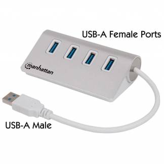 Manhattan USB-A 4-Port Hub, 4x USB-A Ports, 5 Gbps (USB 3.2 Gen1 aka USB 3.0), Bus Powered, Fast charging up to 0.9A, SuperSpeed USB, Aluminium Housing, Windows and Mac, Silver, Three Year Warranty, Blister S&oslash;lv