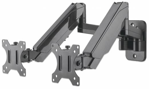 Manhattan TV & Monitor Mount, Wall, Full Motion (Gas Spring), 2 screens, Screen Sizes 17-32, Black, Dual Screen, VESA 75x75 to 100x100mm, Max 8kg (each), Tilt & Swivel with 3 Pivots, Lifetime Warranty