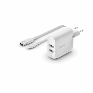 Dual USB-A Wall Charger 24W + Lightning Cable, White