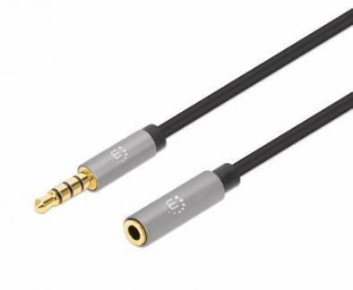 Manhattan Stereo Audio 3.5mm Extension Cable, 1m, Male/Female, Slim Design, Black/Silver, Premium with 24 karat gold plated contacts and pure oxygen-free copper (OFC) wire, Lifetime Warranty, Polybag Forl&aelig;ngerkabel til audio 1m Sort S&oslash;lv