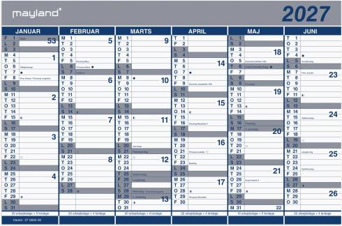 Kontorkalender Dobbelt halvårs kalender 2027 