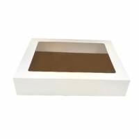 Kage&aelig;ske h&aelig;ngslet l&aring;g L500xB360xH105mm pap med rude og kagepap i guld/s&oslash;lv hvid