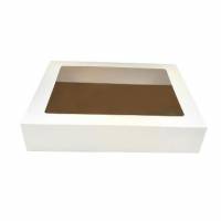 Kage&aelig;ske h&aelig;ngslet l&aring;g L690xB490xH105mm pap med rude og kagepap i guld/s&oslash;lv hvid