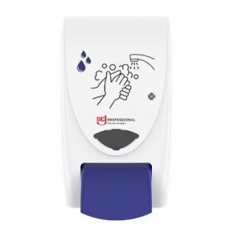 Dispenser manuel Cleans Hands Foam hvid med bl&aring; trykknap til 2ltr patron