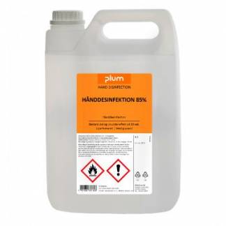 H&aring;nddesinfektion flydende Plum 85\% ethanol med glycerin 5 ltr