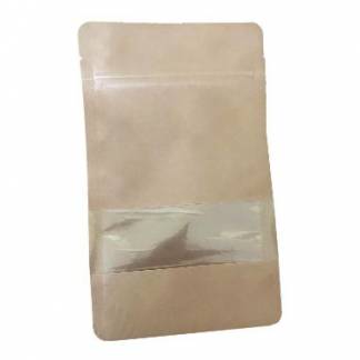 Doypack pose med vindue 500 ml 130x65x225 mm brun kraft med PET