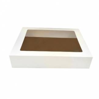 Kage&aelig;ske h&aelig;ngslet l&aring;g L690xB490xH105mm pap med rude og kagepap i guld/s&oslash;lv hvid