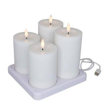 LED-Bloklys 4 stk genopladelig &Oslash;7,5xH10/H12,5cm hvid med ladestation