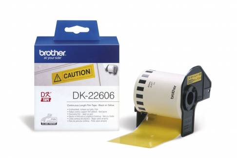 Labeltape Brother DK-22606 62mmx15,24m sort på gul filmtape