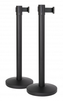 Securit® BUDGET RETRACTABLE afspærringssæt, 2 stolper med 2m sort udtræk og fod/base, sort