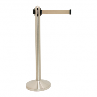 Securit® RETRACTABLE afspærringstolpe med fod/base og 2m gråt udtræksbånd, stål