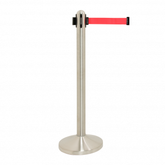 Securit® RETRACTABLE afspærringstolpe med fod/base og rødt udtræksbånd, stål